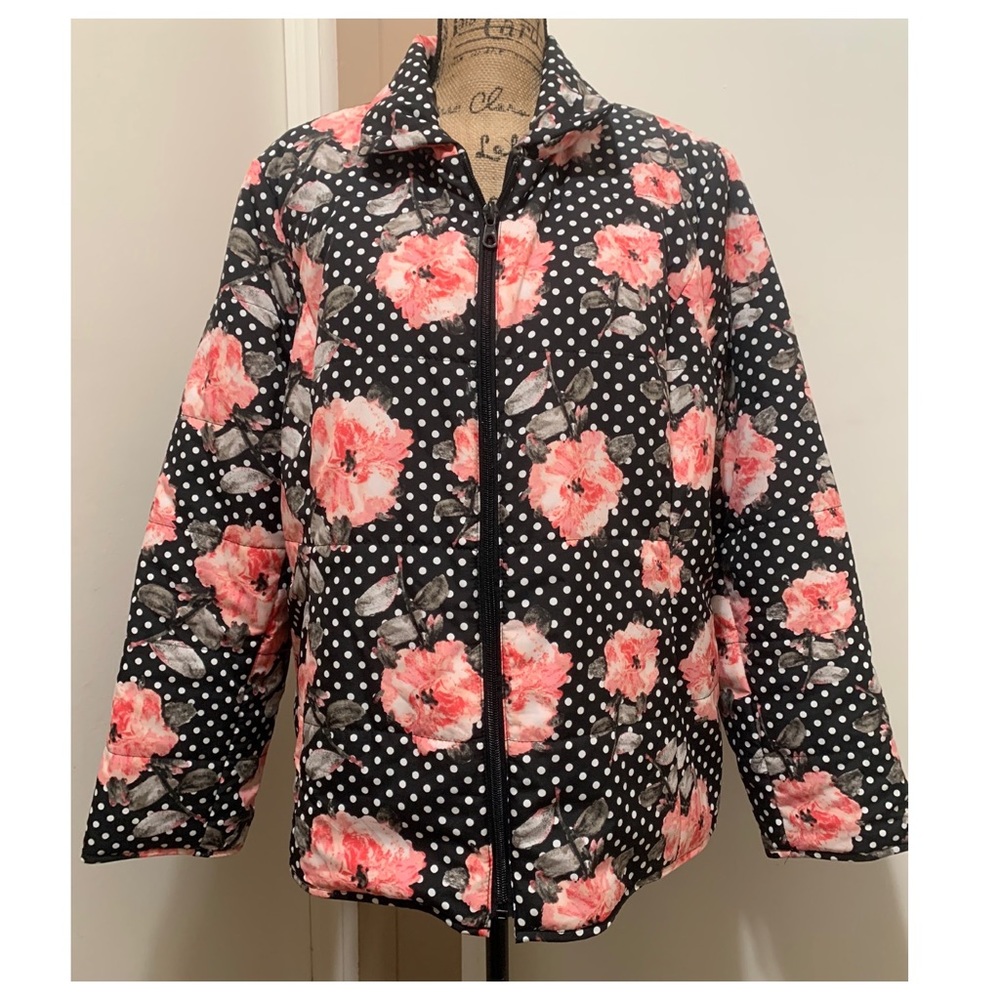 Chico’s Bomber Jacket Black Floral Polka Dots XL